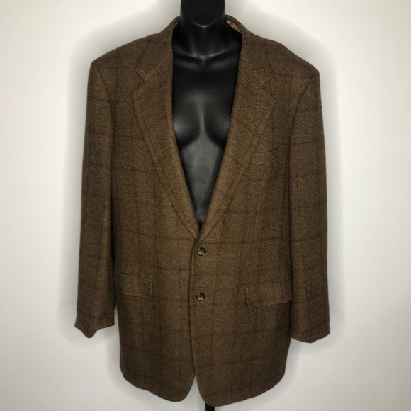 Brioni for Bergdorfs Brown Plaid Striped Long Sleeve Jacket Blazer Size 42 Italy